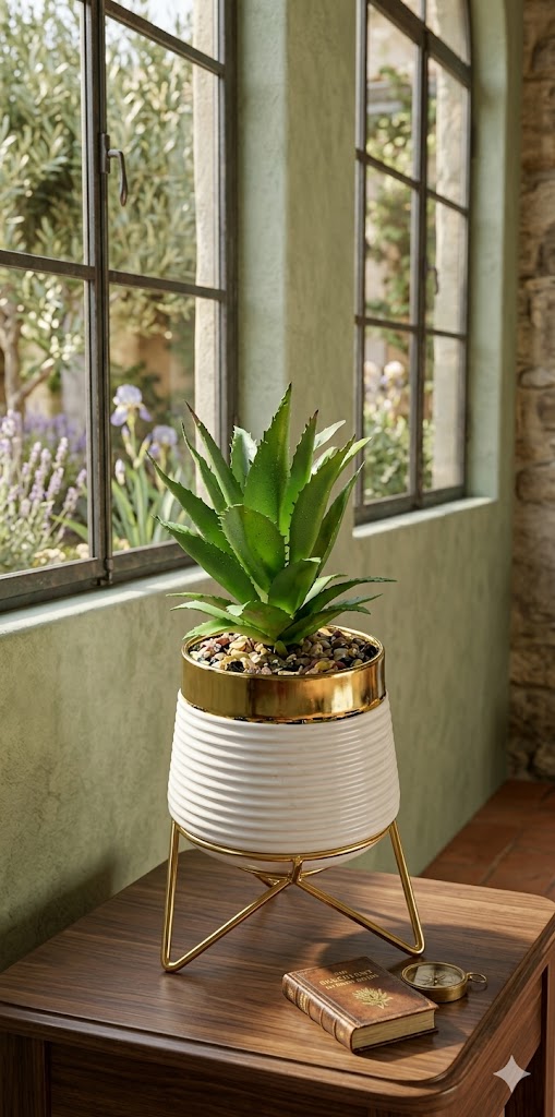 Artificial Aloe Succulent Plant in Modern Gold Stand Planter