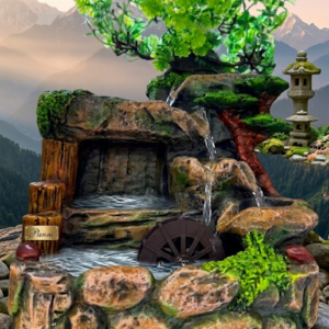 YS2247 ( Zen Mountain Waterfall Fountain with Bonsai Tree & Water Wheel – Polyresin Tabletop Décor ) ( PcsCtn.18 )