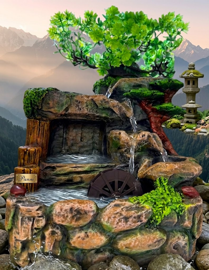 YS2247 ( Zen Mountain Waterfall Fountain with Bonsai Tree & Water Wheel – Polyresin Tabletop Décor ) ( PcsCtn.18 )