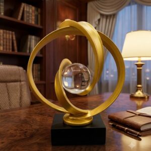 YS2306 ( Modern Golden Orbit Crystal Sculpture – Abstract Polyresin Decorative Showpiece ) (pcsCtn.12 )