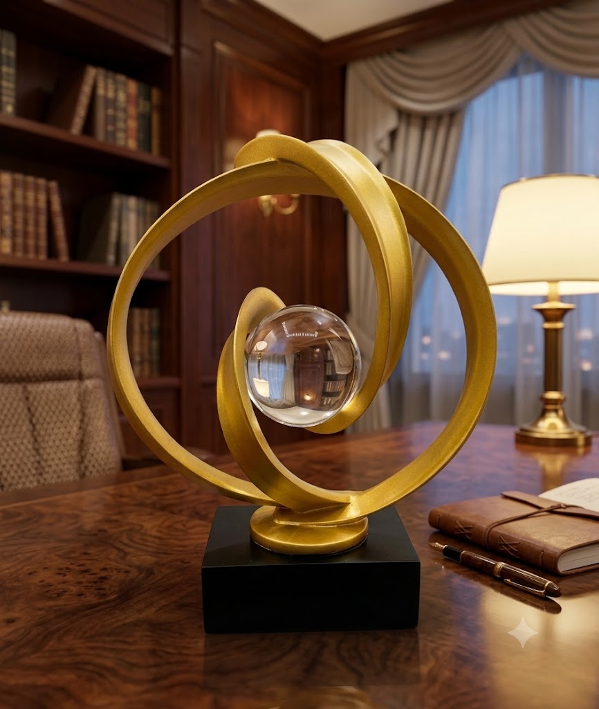 YS2306 ( Modern Golden Orbit Crystal Sculpture – Abstract Polyresin Decorative Showpiece ) (pcsCtn.12 )