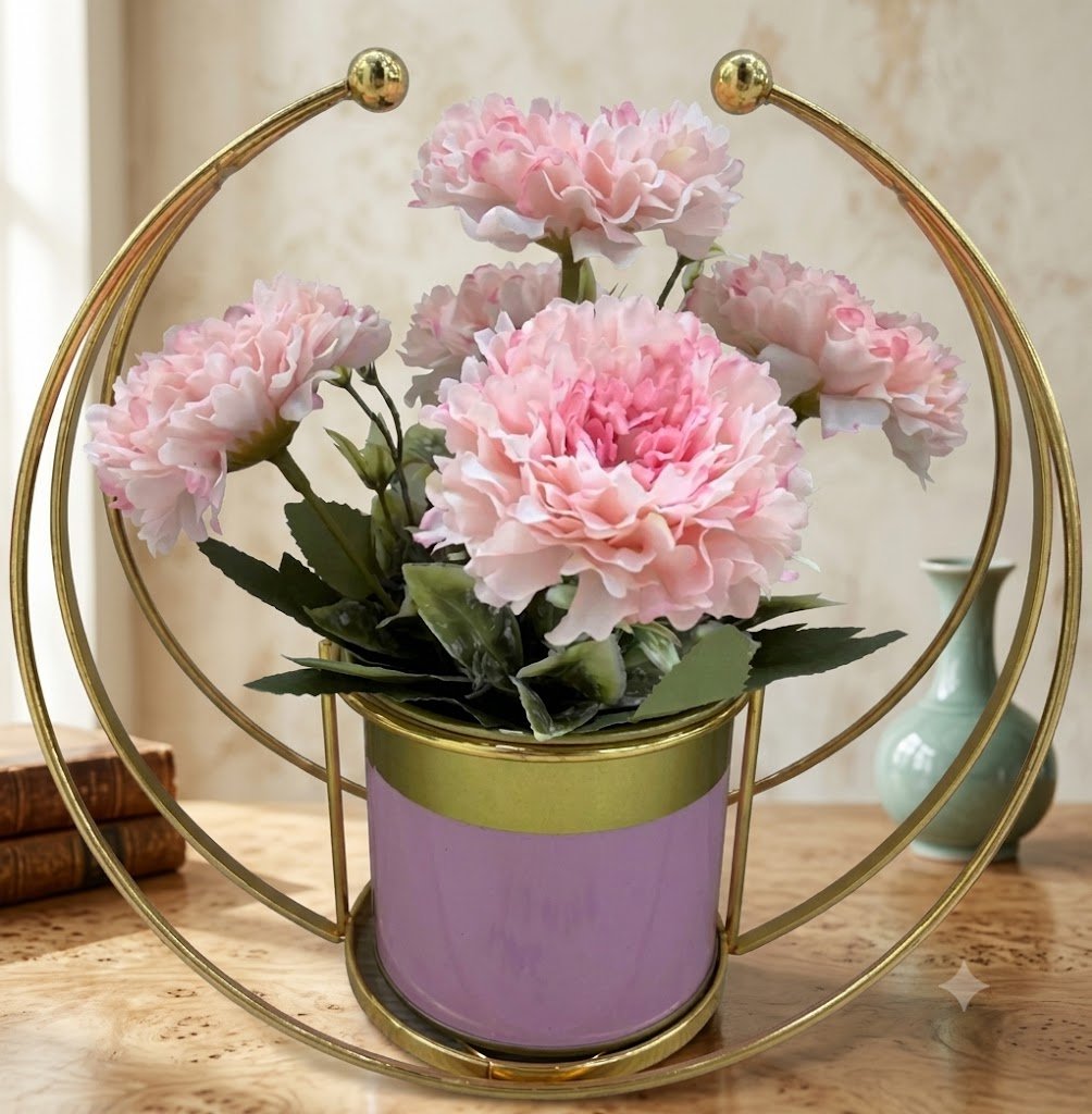 YS2317 ( Blush Pink Carnation Floral Arrangement in Gold Circular Metal Stand ) ( PcsCtn.48 )