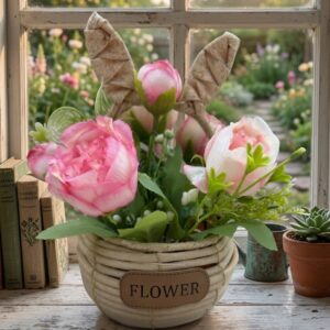YS2318 ( Pink Rose Floral Arrangement in Rustic Woven Basket ) ( PcsCtn.48 )