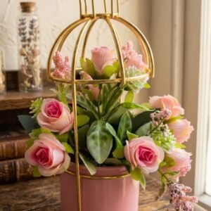 YS2321 ( Premium Artificial Pink Rose Flower Arrangement in Golden Birdcage Metal Planter ) ( PcsCtn.48 )