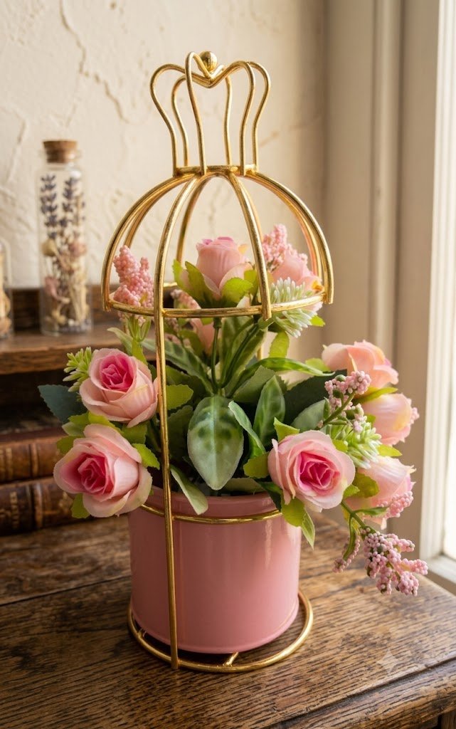 YS2321 ( Premium Artificial Pink Rose Flower Arrangement in Golden Birdcage Metal Planter ) ( PcsCtn.48 )