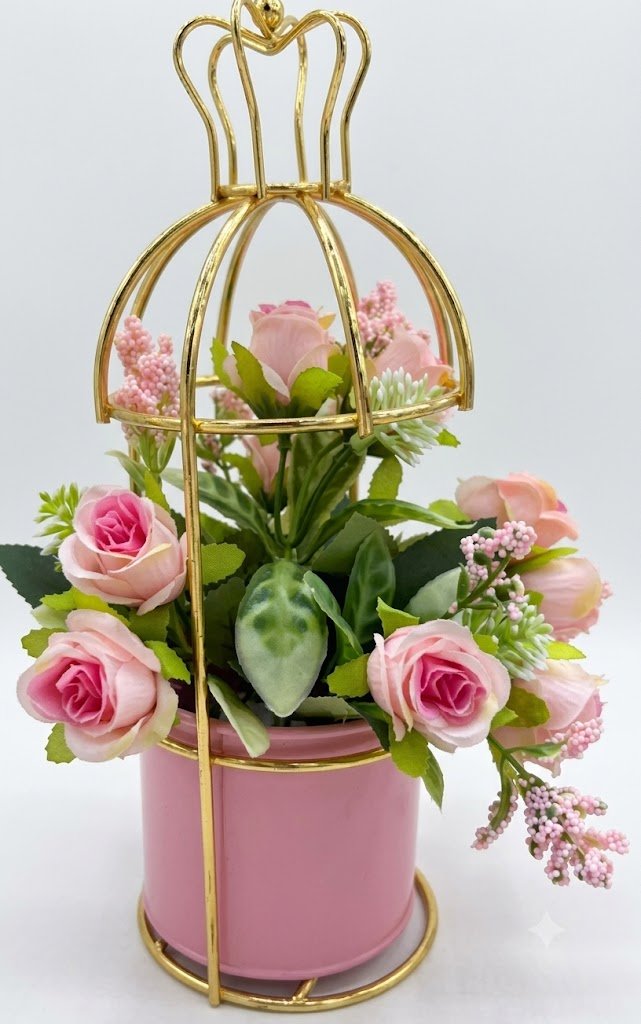 YS2321 ( Premium Artificial Pink Rose Flower Arrangement in Golden Birdcage Metal Planter ) ( PcsCtn.48 ) - Image 2