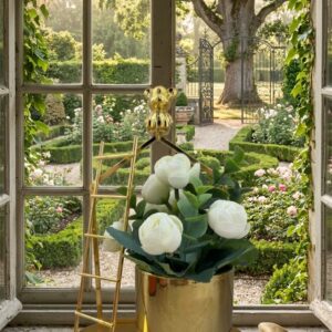 YS2322 ( Luxury Artificial White Peony Flower Arrangement with Golden House Frame & Teddy Bear Accent ) ( PcsCtn.48 )