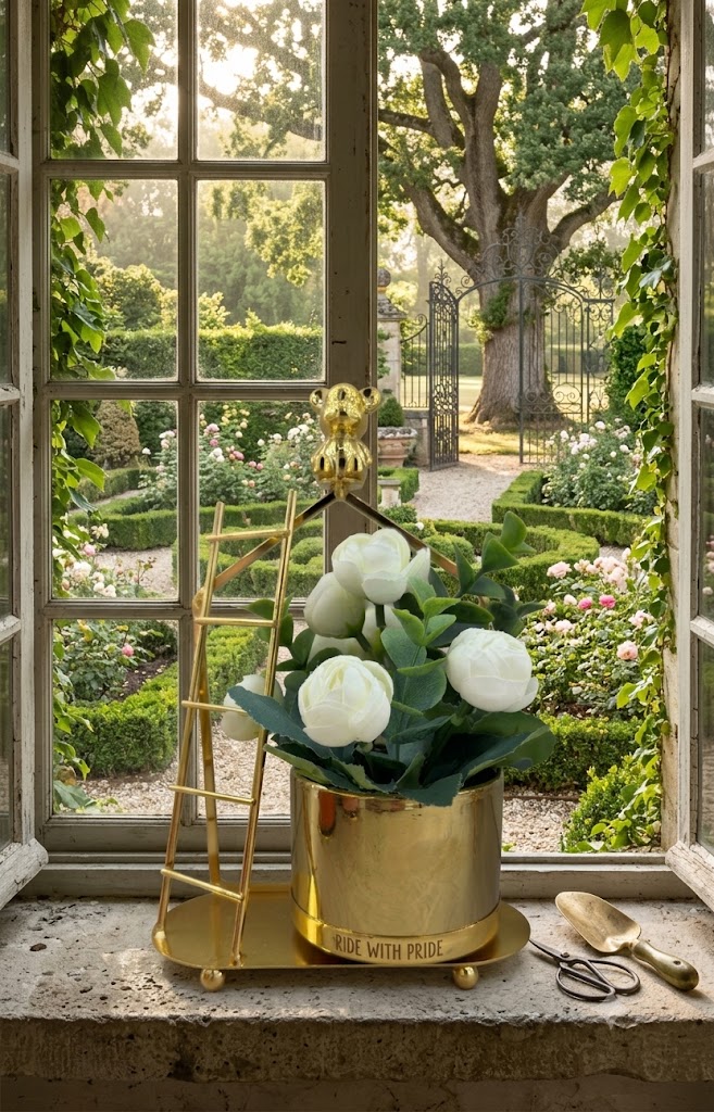 YS2322 ( Luxury Artificial White Peony Flower Arrangement with Golden House Frame & Teddy Bear Accent ) ( PcsCtn.48 )