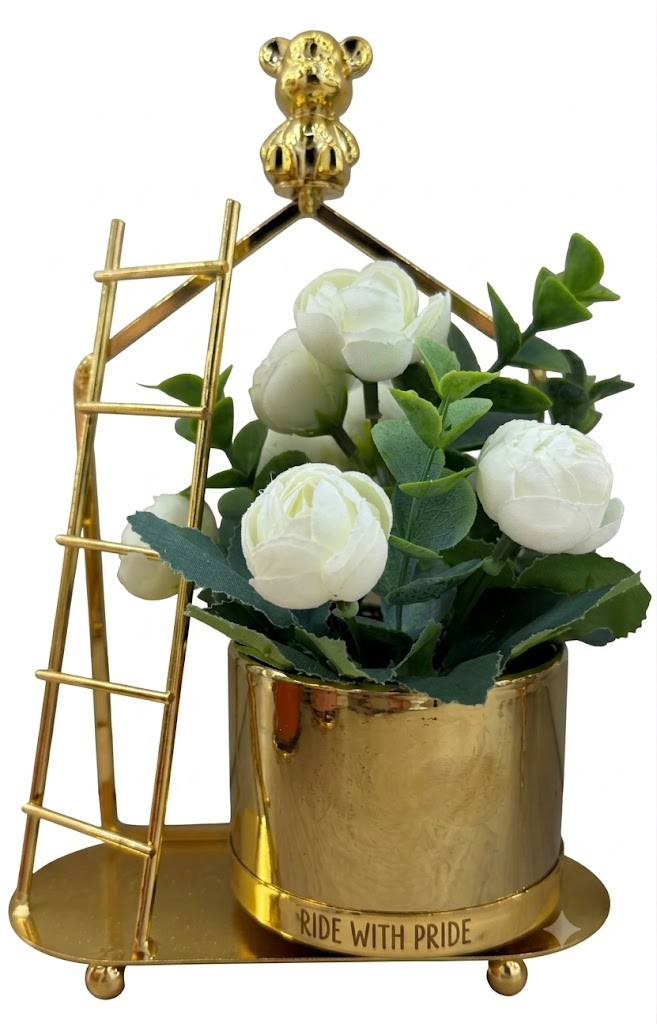 YS2322 ( Luxury Artificial White Peony Flower Arrangement with Golden House Frame & Teddy Bear Accent ) ( PcsCtn.48 ) - Image 2