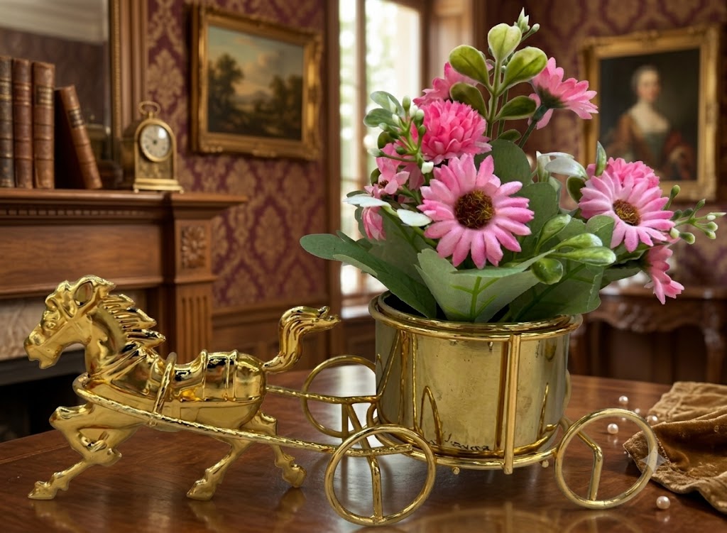 YS2323 ( Luxury Golden Horse Carriage Artificial Pink Daisy Flower Arrangement ) ( PcsCtn.24 )