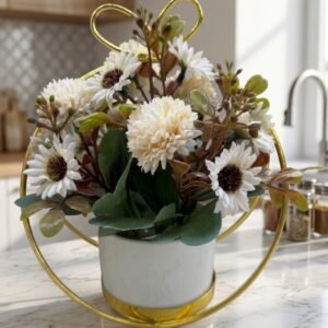YS2324 ( Elegant Artificial White Daisy & Chrysanthemum Flower Arrangement in Gold Circular Metal Stand ) ( PcsCtn.48 )