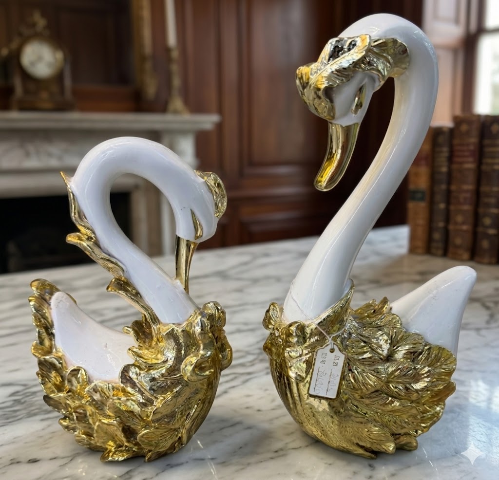 YS2376 ( Luxury Swan Couple Figurine Set – White & Gold Polyresin Decorative Showpieces ) ( PcsCtn.12 )