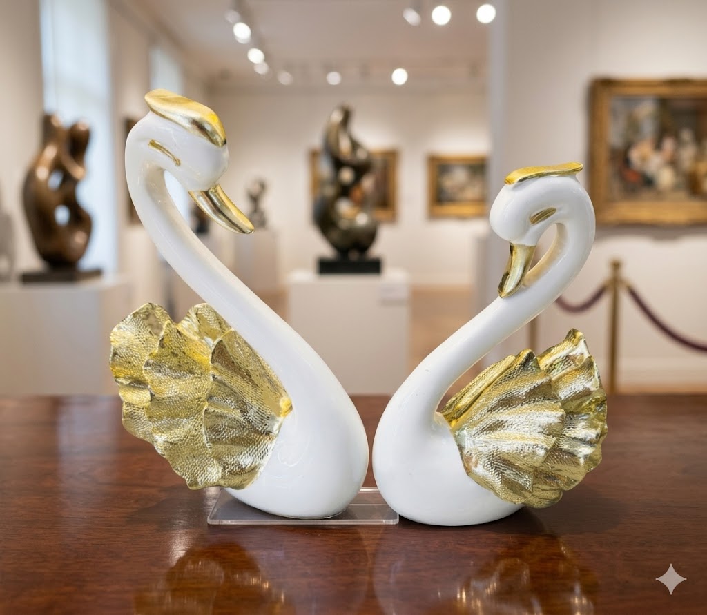 YS2377 ( Elegant Swan Couple Figurine Set – White & Gold Polyresin Decorative Showpieces ) ( PcsCtn.12 )