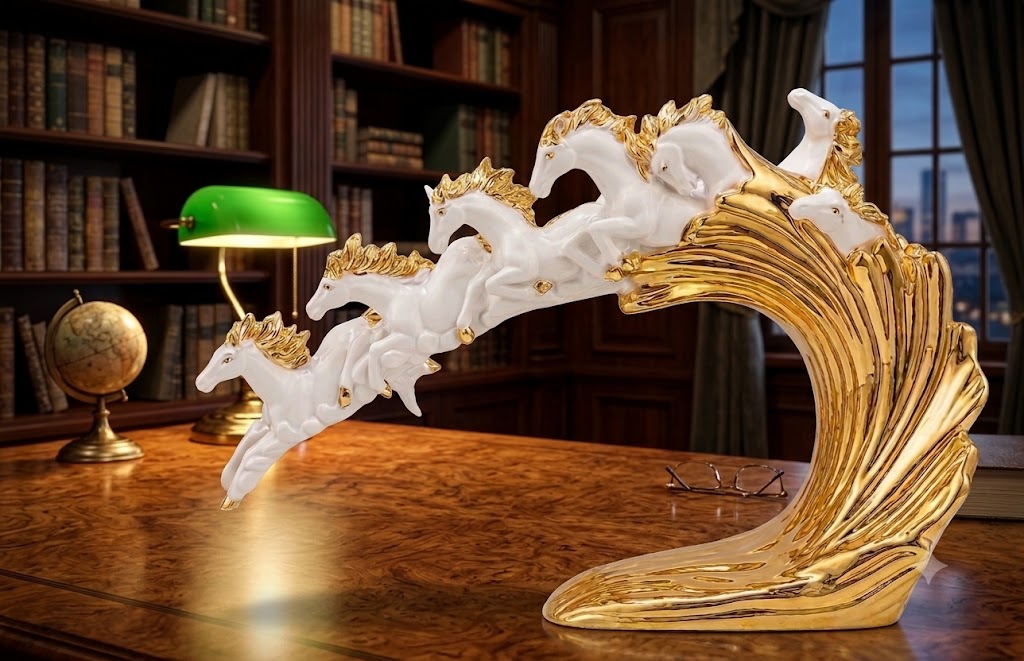 YS2380 ( Golden Galloping Horse Wave Sculpture – Luxury Polyresin Decorative Showpiece ) ( PcsCtn.6 )