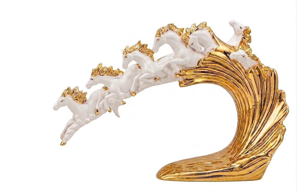YS2380 ( Golden Galloping Horse Wave Sculpture – Luxury Polyresin Decorative Showpiece ) ( PcsCtn.6 ) - Image 2