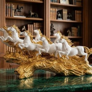 YS2381 ( Seven Galloping Horses Luxury Sculpture – White & Gold Polyresin Decorative Showpiece ) ( PcsCtn.6 )