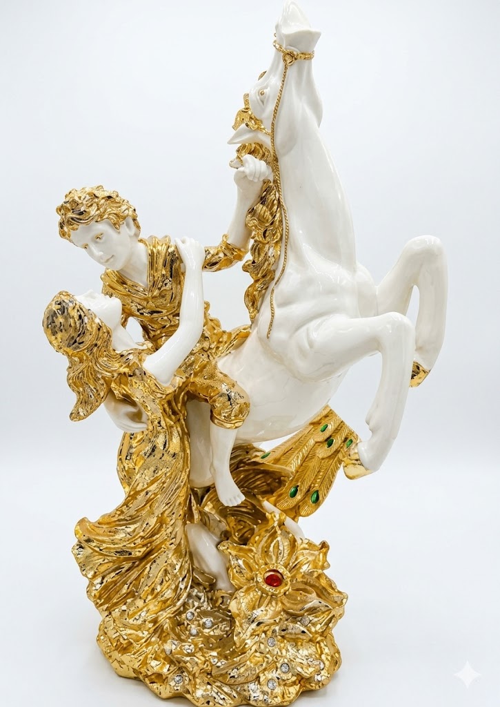 YS2382 ( Royal Romantic Couple with Rearing Horse Sculpture – Luxury White & Gold Polyresin Decorative Showpiece ) (PcsCtn.1 ) - Image 2