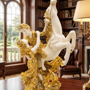 YS2382 ( Royal Romantic Couple with Rearing Horse Sculpture – Luxury White & Gold Polyresin Decorative Showpiece ) (PcsCtn.1 )