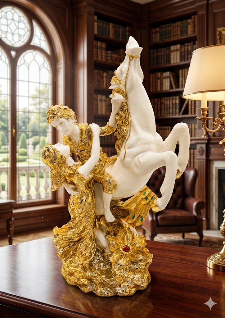 YS2382 ( Royal Romantic Couple with Rearing Horse Sculpture – Luxury White & Gold Polyresin Decorative Showpiece ) (PcsCtn.1 )