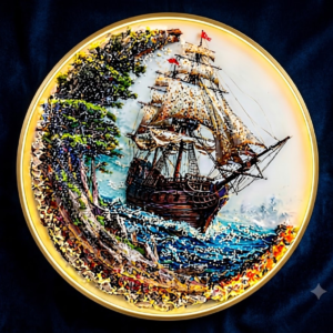 YS2422 (Ocean Voyage LED Wall Art – Decorative Sailing Ship & Coastal Landscape Round Frame ) ( PcsCtn.12 )