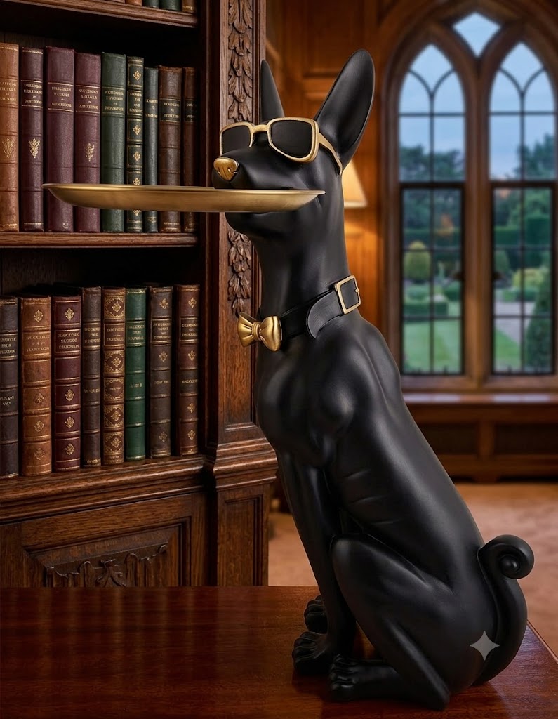 YS2520 ( Luxury Modern Dog Butler Polyresin Tray Showpiece with Gold Bow Tie ) PcsCtn.1
