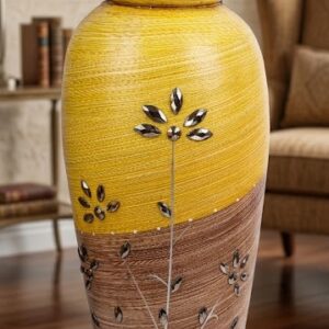 YS2542 ( Handcrafted Tall Decorative Floor Vase with Floral Stone Inlay – Yellow & Brown ) ( PcsCtn.12  )