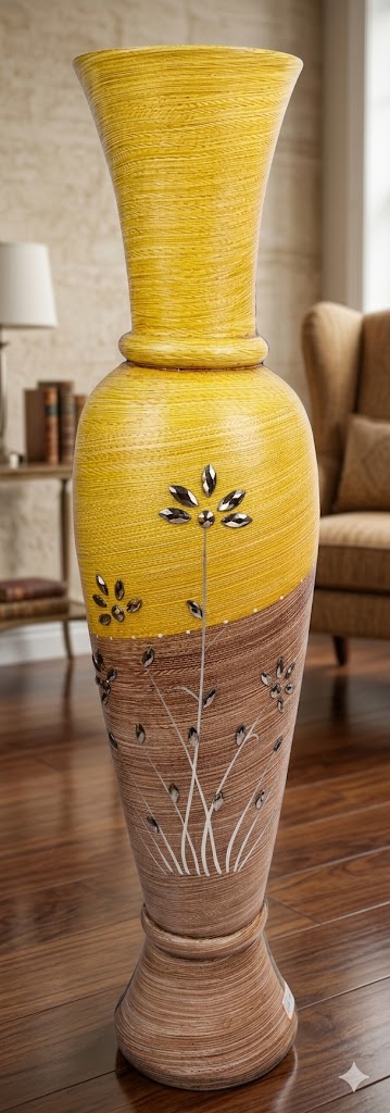 YS2542 ( Handcrafted Tall Decorative Floor Vase with Floral Stone Inlay – Yellow & Brown ) ( PcsCtn.12 )