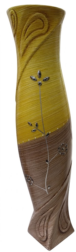 YS2544 ( Handcrafted Curved Wooden Finish Decorative Floor Vase with Floral Stone Inlay – Mustard Yellow & Brown ) ( PcsCtn.12 ) - Image 2