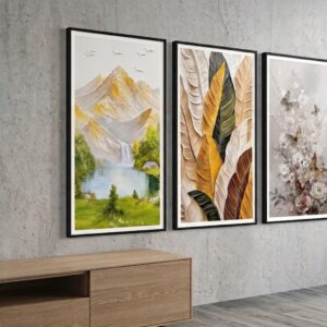 YS2661 ( Nature Harmony Triple Panel Wall Art – Mountain Landscape, Botanical Leaves & Floral Butterfly Decorative Frames ) ( PcsCtn.5 )