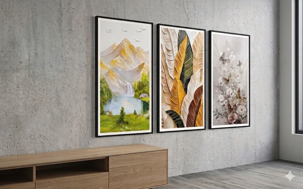 YS2661 ( Nature Harmony Triple Panel Wall Art – Mountain Landscape, Botanical Leaves & Floral Butterfly Decorative Frames ) ( PcsCtn.5 )