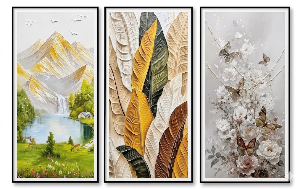 YS2661 ( Nature Harmony Triple Panel Wall Art – Mountain Landscape, Botanical Leaves & Floral Butterfly Decorative Frames ) ( PcsCtn.5 ) - Image 2