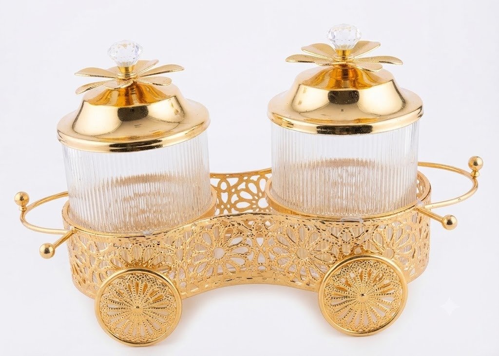 YS2202 ( Luxury 2-Piece Glass Spice Jar Set with Decorative Gold Trolley Stand ) - Image 2