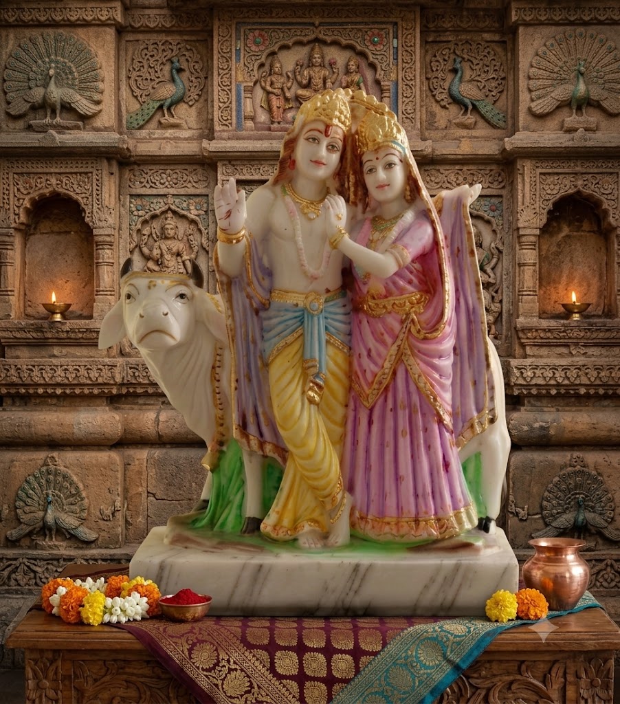 10 7neh rk ( Divine Radha Krishna Marble Finish Idol with Kamdhenu Cow )
