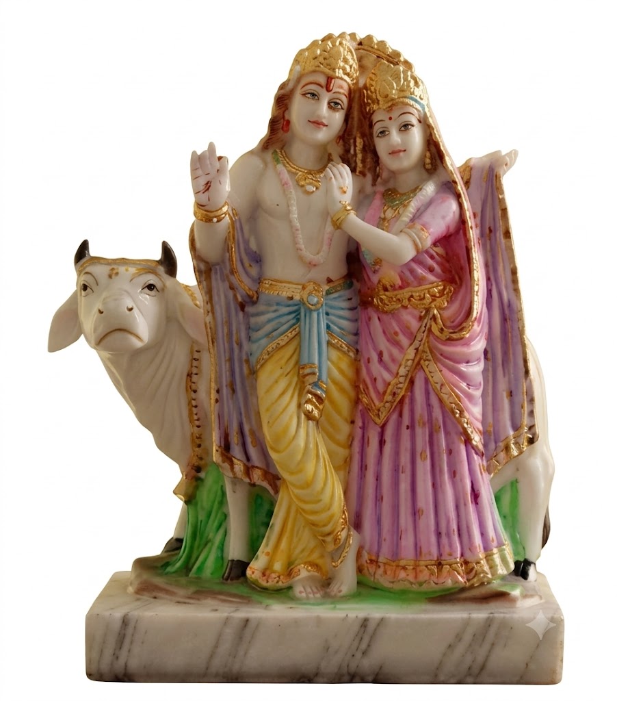 10 7neh rk ( Divine Radha Krishna Marble Finish Idol with Kamdhenu Cow ) - Image 2