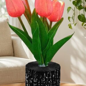 ( 1012 LED Tulip ) Flower Night Lamp with Wooden Log Style Vase
