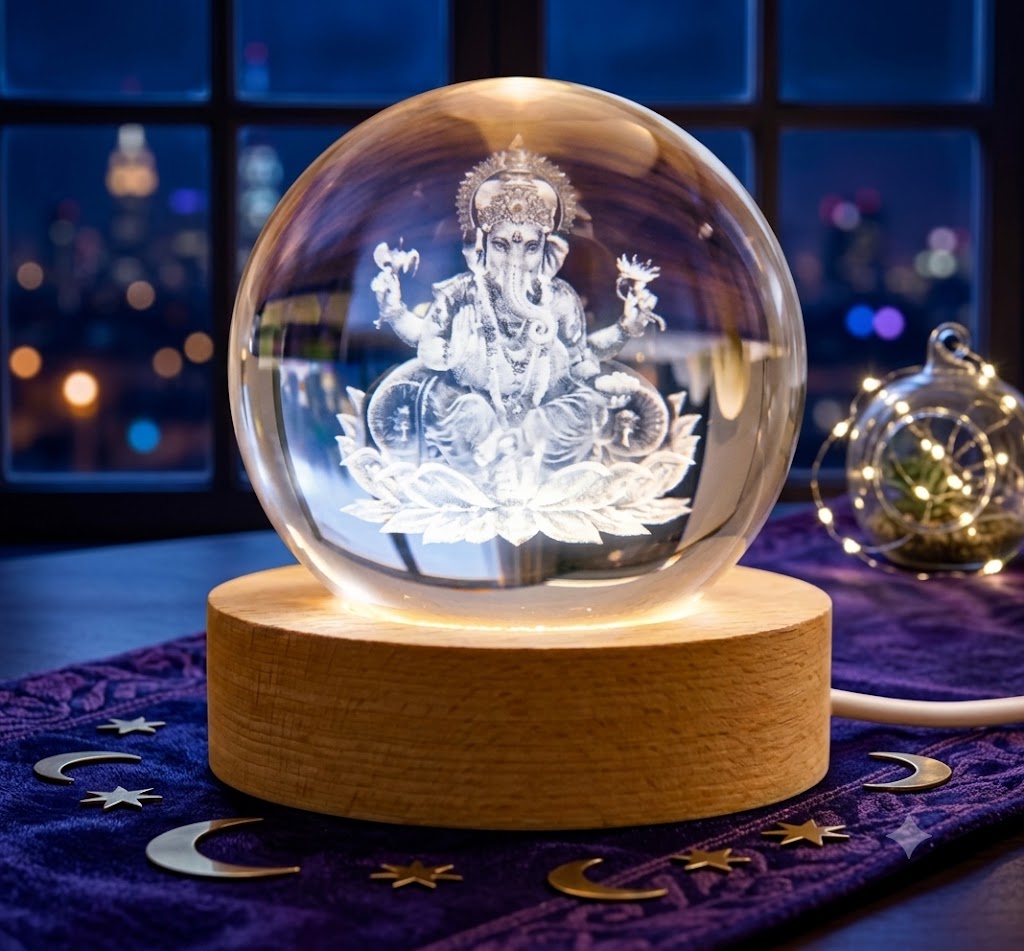 2466 ( 3D Crystal Lord Ganesha LED Night Lamp with Wooden Base )