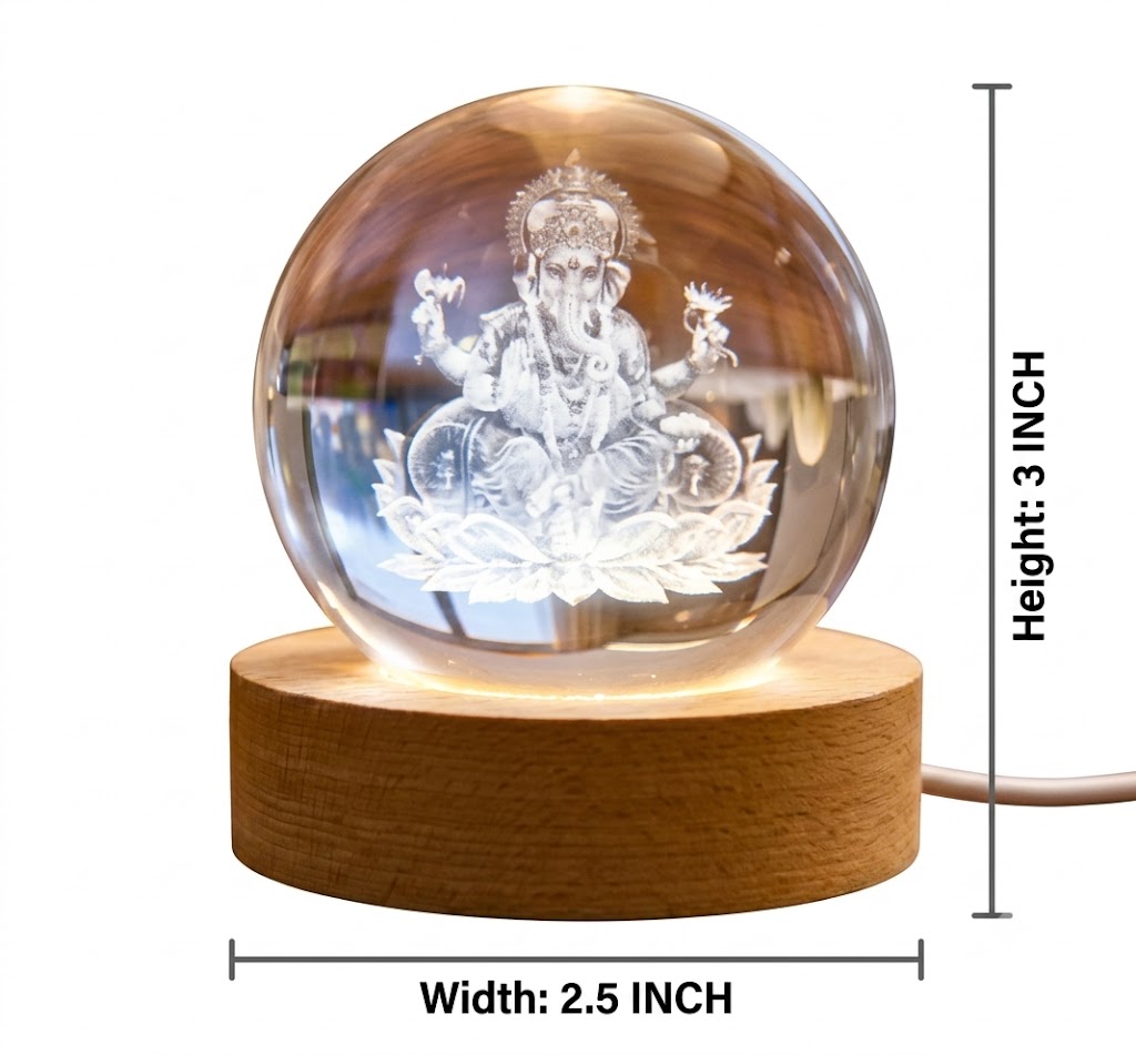 2466 ( 3D Crystal Lord Ganesha LED Night Lamp with Wooden Base ) - Image 2