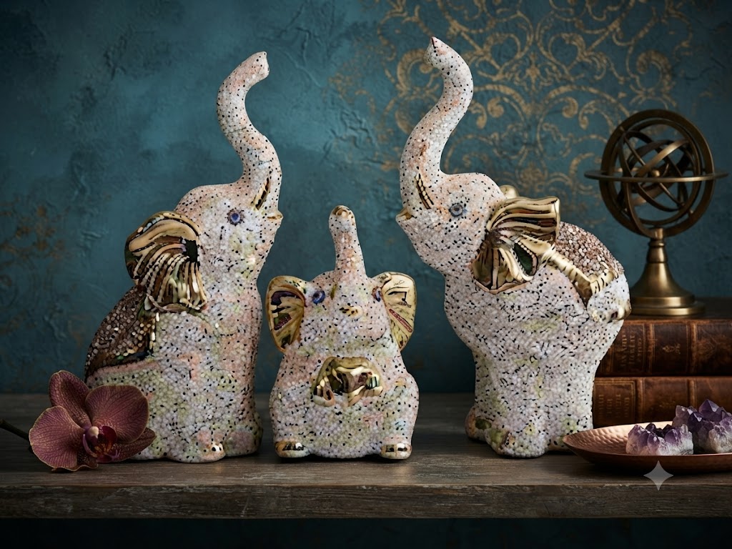 2861 ( Luxury White & Gold Elephant Family Showpiece Set ( 1*3 ) )