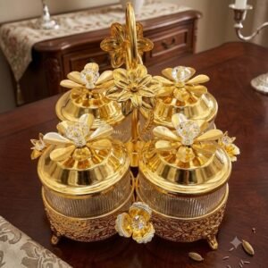 YS2199 ( Luxury 4-Piece Glass Spice Jar Set with Gold Floral Stand ) PcsCtn.12
