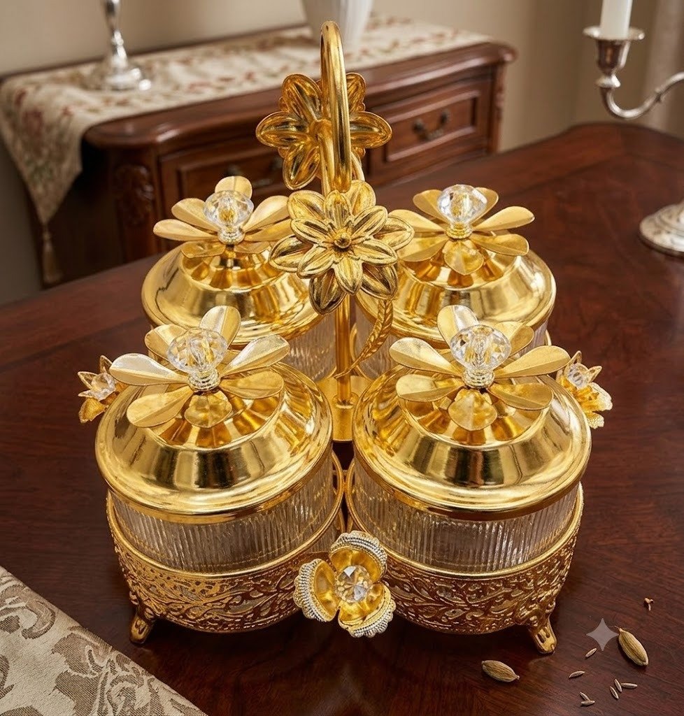 YS2199 ( Luxury 4-Piece Glass Spice Jar Set with Gold Floral Stand ) PcsCtn.12