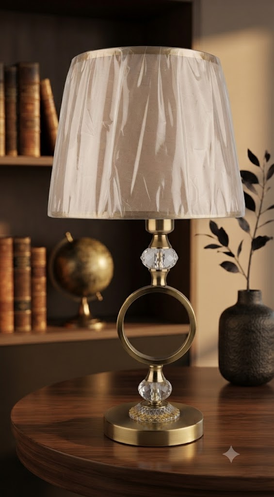 3400 ( Modern Ring Design Crystal Table Lamp with Beige Fabric Shade )