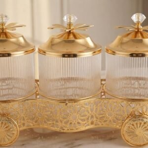 YS2201 ( Luxury 3-Piece Glass Spice Jar Set with Decorative Gold Trolley Stand ) PcsCtn.12