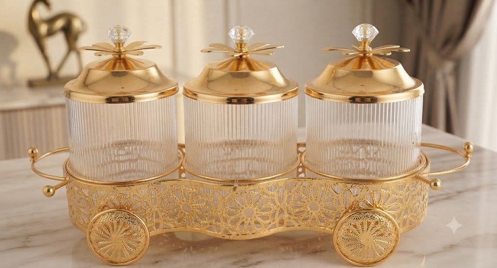 YS2201 ( Luxury 3-Piece Glass Spice Jar Set with Decorative Gold Trolley Stand ) PcsCtn.12