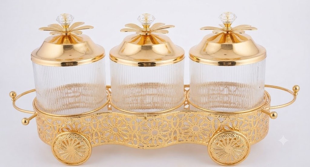 YS2201 ( Luxury 3-Piece Glass Spice Jar Set with Decorative Gold Trolley Stand ) PcsCtn.12 - Image 2