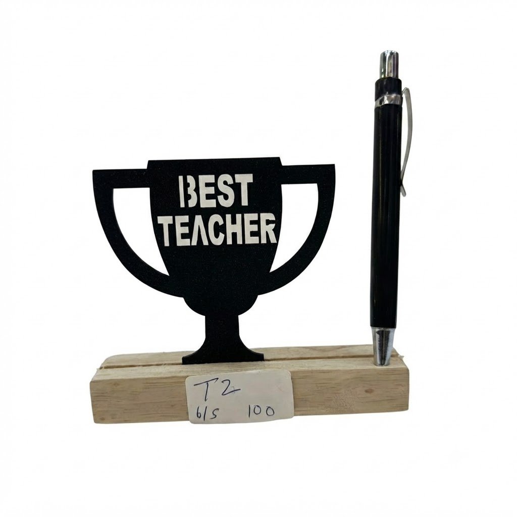 T2 ( Best Teacher Trophy Wooden Desk Stand with Black Pen Holder ) 160PcsCtn - Image 2