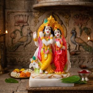 64 c RK ( Divine Radha Krishna Marble Finish Idol with Sacred Cow )