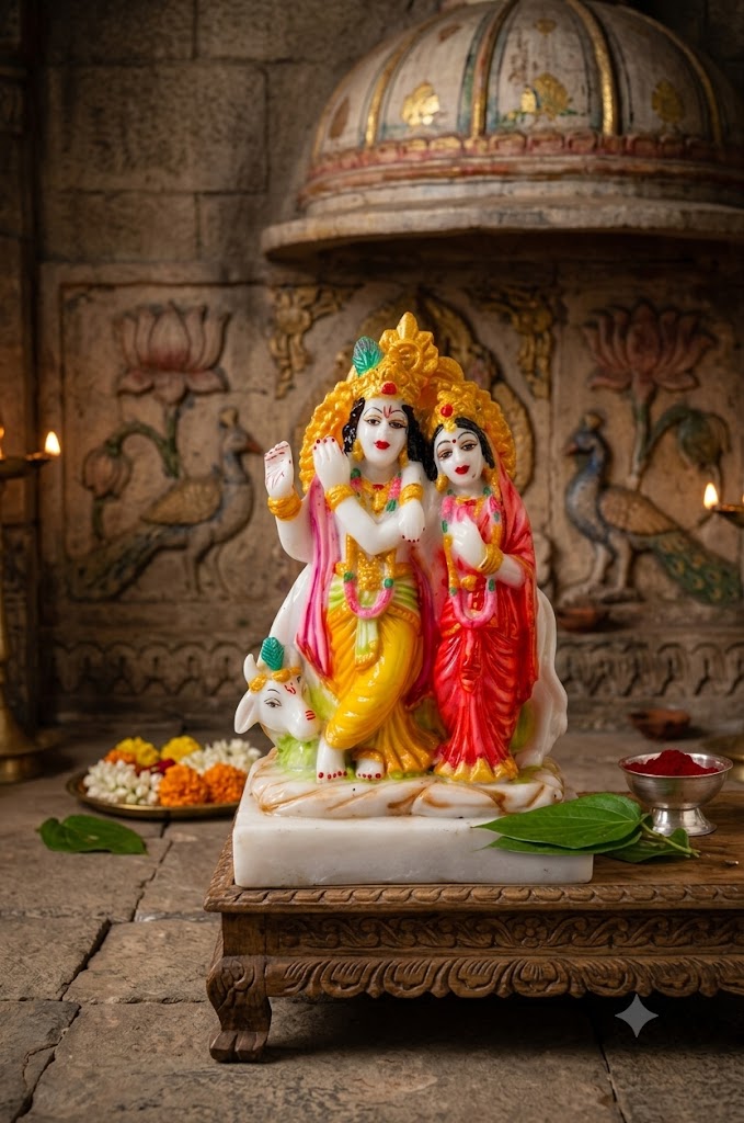 64 c RK ( Divine Radha Krishna Marble Finish Idol with Sacred Cow )