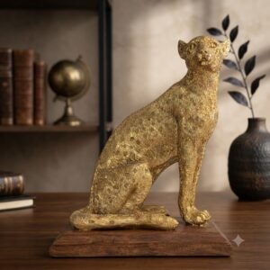 6891 ( Golden Leopard Sculpture on Wooden Base )