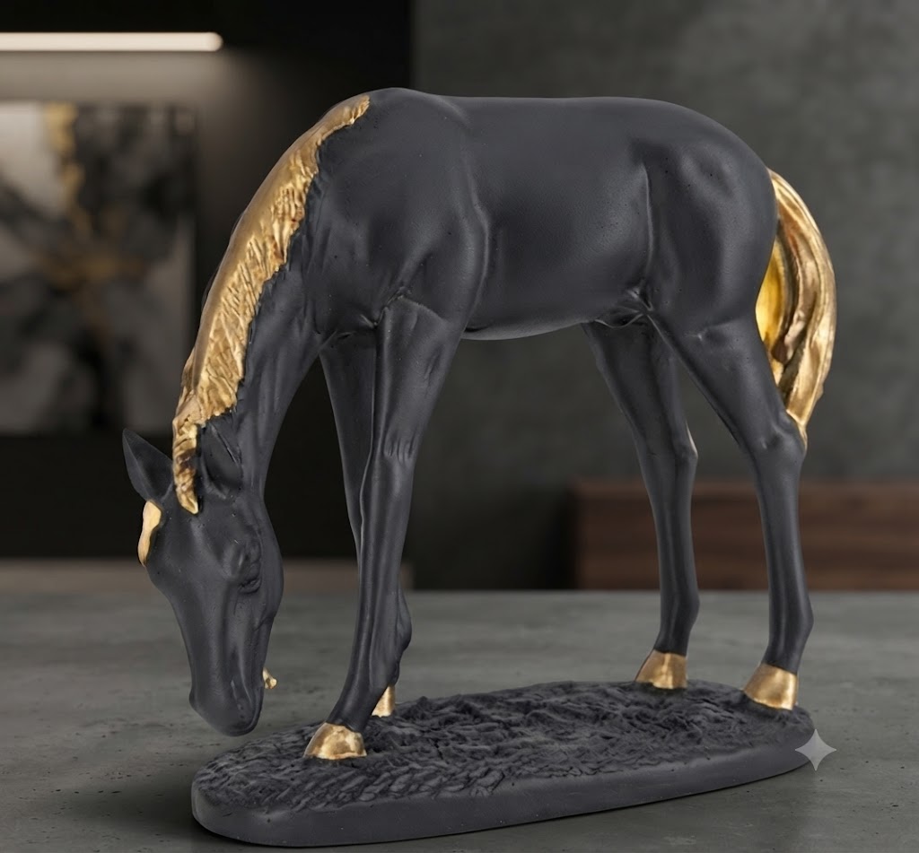 8523 ( Black & Gold Grazing Horse Decorative Sculpture )