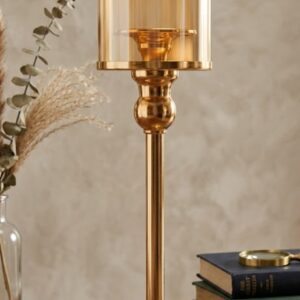 AR7839 ( Luxury Gold Metal Candle Holder with Glass Hurricane Shade )